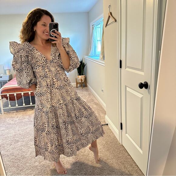 NWT Sea New York White Brown Animal Printed Puff Sleeve Maxi Dress 6 - Picture 4 of 12